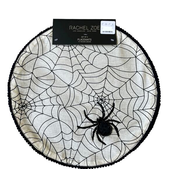 Rachel Zoe Halloween Spider Web with Beaded Spider Placemats 15in Set of 4 NEW - Picture 8 of 10